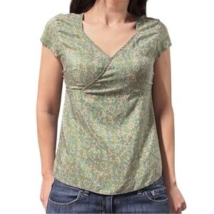 Old Navy | Vintage Y2K 100% Silk Green Floral Print Babydoll Top
